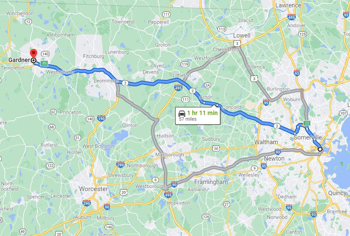 gardnertoboston-1200 Gardner MA to Boston MA Map