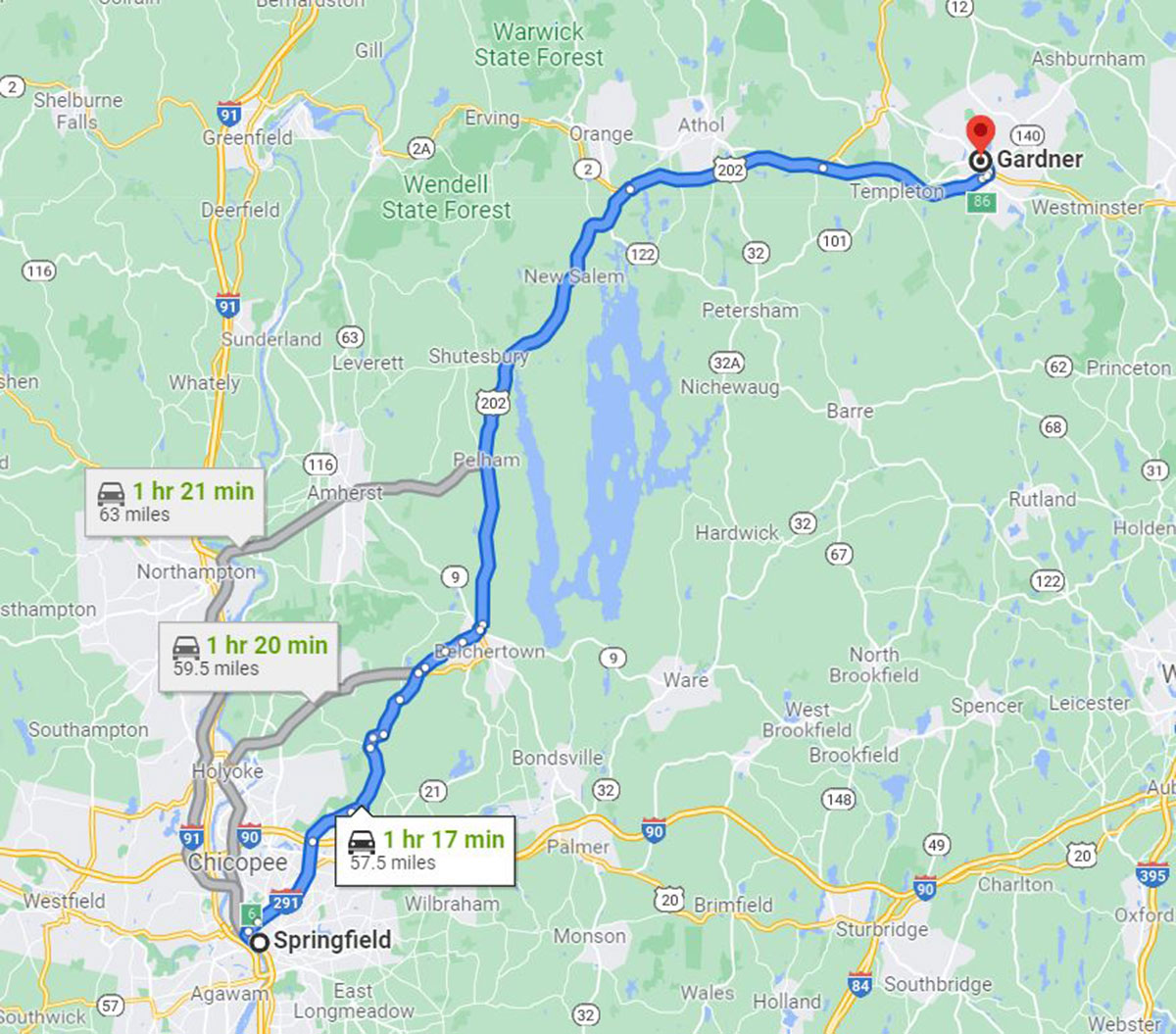 gardnertospringfield-1200 Gardner MA to Springfield MA Map