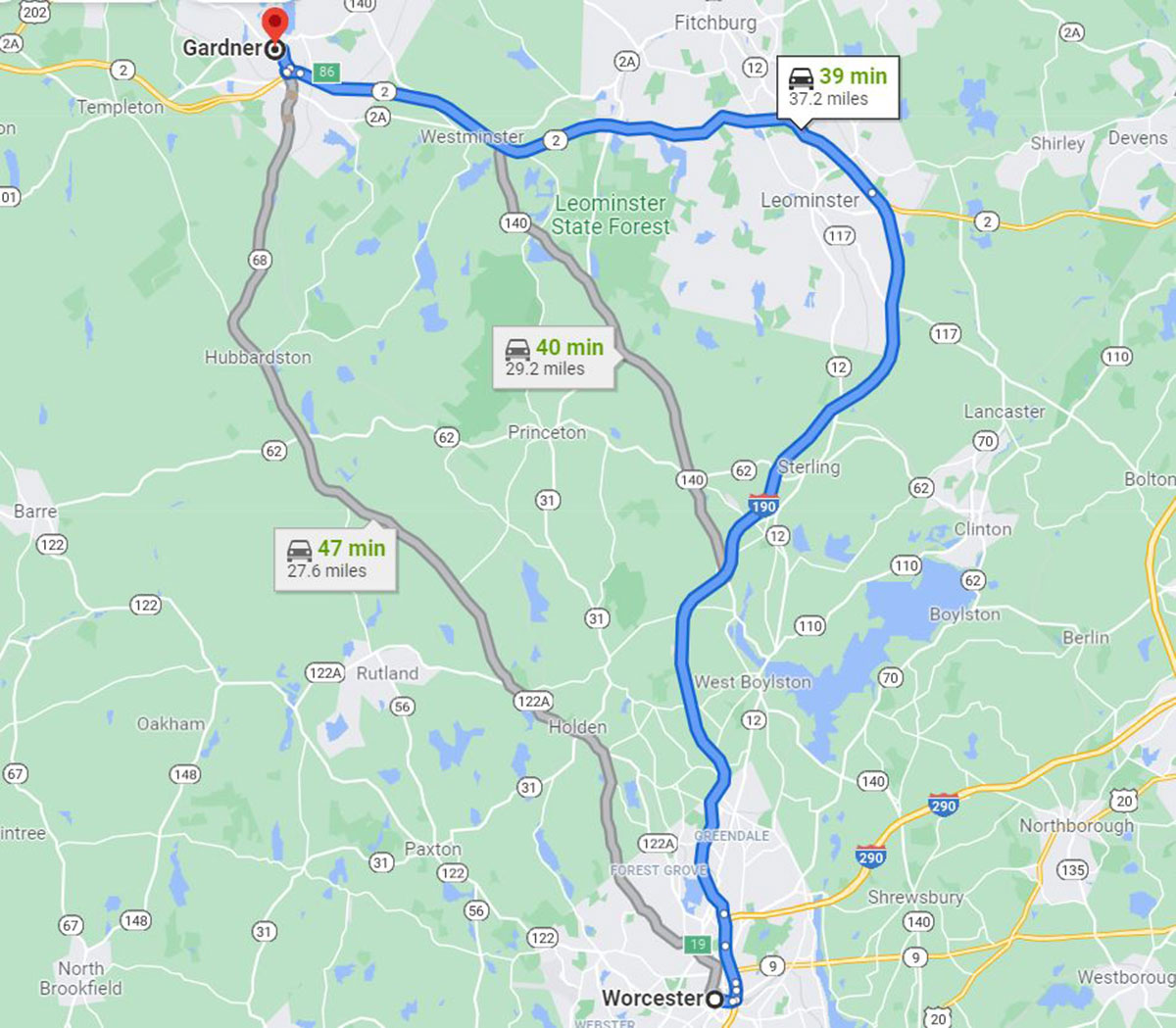gardnertoworcester-1200 Gardner MA to Worcester MA map