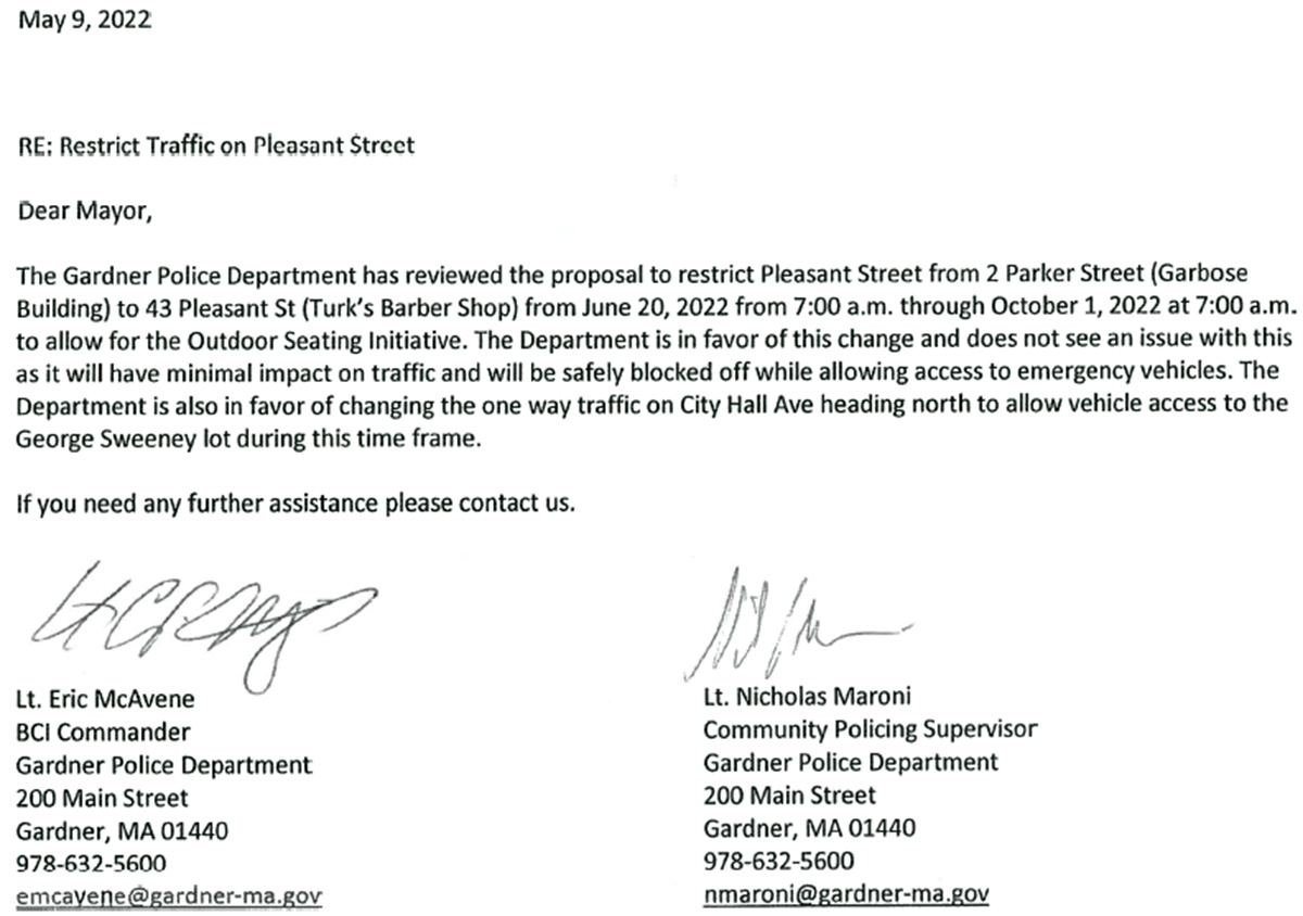 letterfrompdreoutdoorseating-050922-1200 letter from Gardner pd